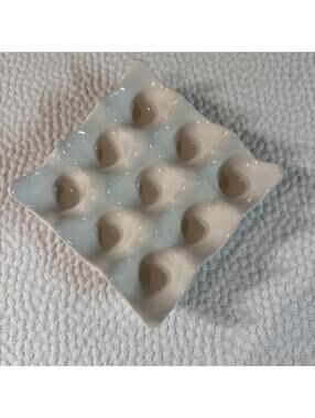 White Glossy Ceramic Egg Plate Tray, 9-Compartment, 5” X 5”